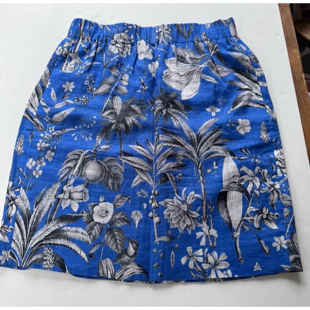 J.Crew Pull On Skirt In Ratti Tropical Toile Linen Size M Blue Preppy Beach